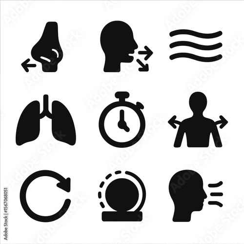 Breathing Icon Set. Solid, filled icon set of breathing and relaxation: nose breathing, inhale/exhale arrows, calm waves, lungs