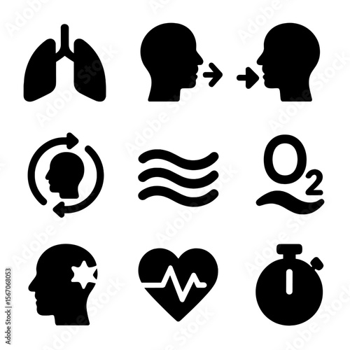 Breathing Exercise Icons. Solid, filled icon set of breathing exercises: lungs, inhaling arrow, exhaling arrow, breath cycle, calm