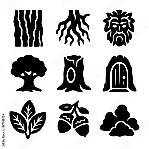 Ancient Tree Icon Set. Solid, filled icons set of ancient tree elements: old oak bark, twisting roots, spirit