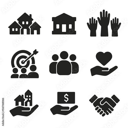 Community Icon Set. Solid, filled icon set of community foundations: neighborhood icon, community center, raised hands, shared