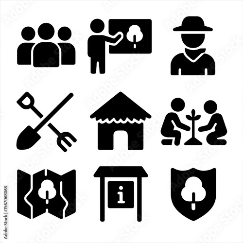 Community Forestry Icons. Solid, filled icon set of community forestry: local group, education board, native guide, shared tools,