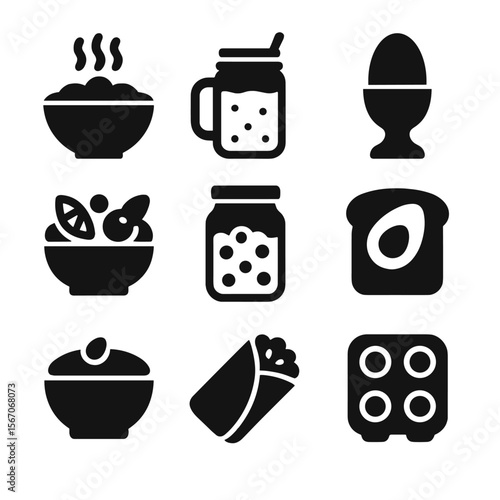 Breakfast Meal Icons. Solid, filled icon set of breakfast meal prep: oatmeal bowl, smoothie jar, boiled egg, fruit salad,