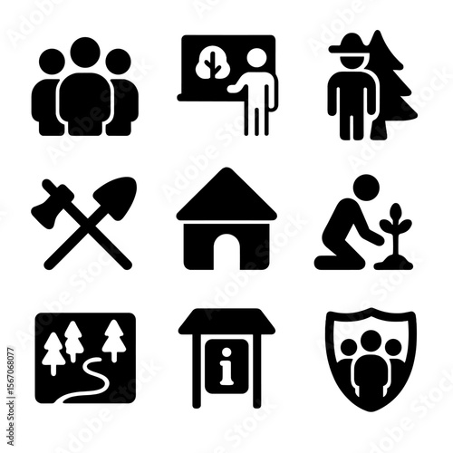 Community Forestry Icons. Solid, filled icon set of community forestry: local group, education board, native guide, shared tools,