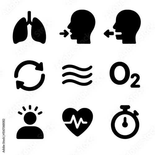 Breathing Exercise Icons. Solid, filled icon set of breathing exercises: lungs, inhaling arrow, exhaling arrow, breath cycle, calm