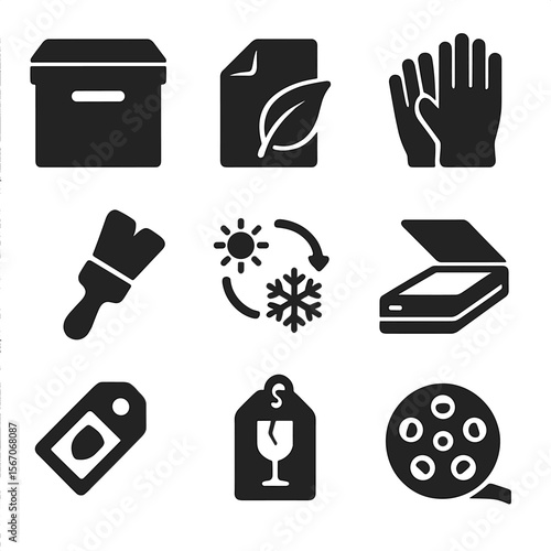 Archival Tools Icons. Solid, filled icons set of archival and preservation work: archival box, acid-free paper
