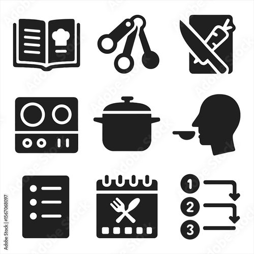 Beginner Cooking Icon Set. Solid, filled icons set of home cooking for beginners: recipe book, measuring