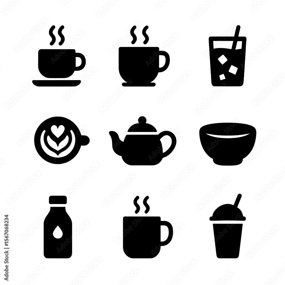 Café Beverage Icons. Solid, filled icon set of café beverages: espresso cup, cappuccino mug, iced coffee glass, latte art, teapot, Café Beverage Icons. Solid, filled icon set of café beverages: espresso cup, cappuccino mug, iced coffee glass, latte art, teapot,