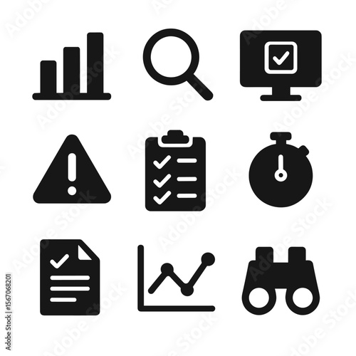 Compliance Monitoring Icons. Solid, filled icon set of compliance monitoring: chart, magnifying glass, computer screen, alert sign