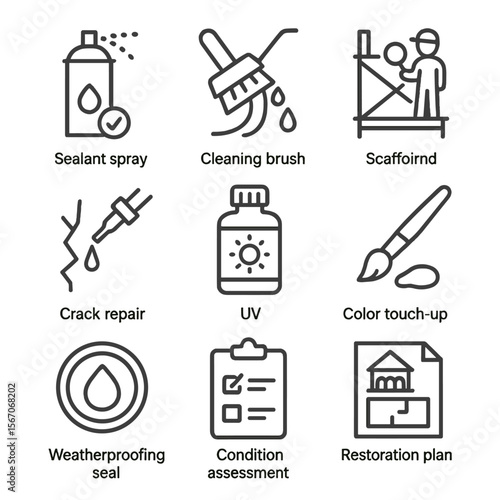Mural Preservation Icons. Outline icon set of mural maintenance and preservation: sealant spray can, cleaning brush with gentle