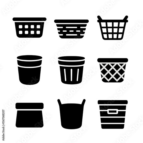 Laundry Basket Icons. Solid, filled icon set of laundry accessories: detergent bottle, fabric softener, laundry net, dryer sheets,