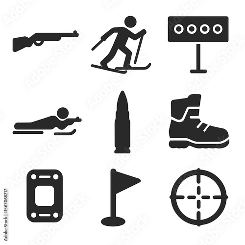 Biathlon Icon Set. Solid, filled icons set of biathlon: rifle icon, cross-country skier, target board, prone