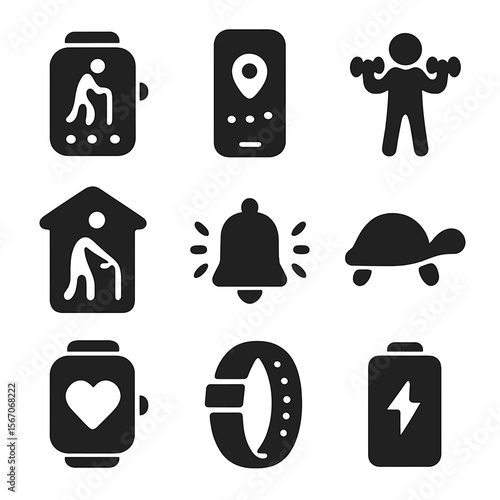 Elderly Fitness Icons. Solid, filled icons set of activity trackers for elderly: walking steps, distance