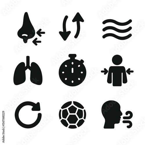 Breathing Icon Set. Solid, filled icon set of breathing and relaxation: nose breathing, inhale/exhale arrows, calm waves, lungs