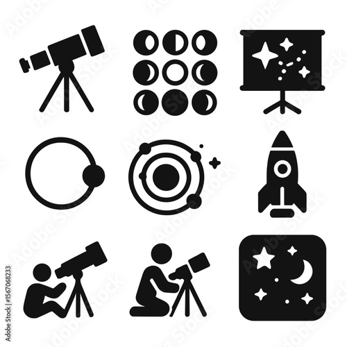 Astronomy Icon Set. Solid, filled icons set of astronomy experiments for students: telescope, moon phases,