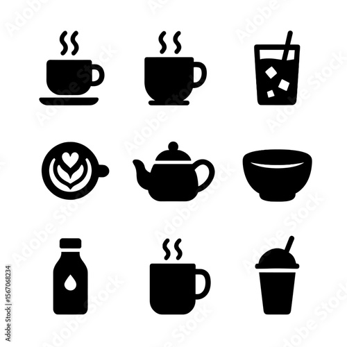 Café Beverage Icons. Solid, filled icon set of café beverages: espresso cup, cappuccino mug, iced coffee glass, latte art, teapot,