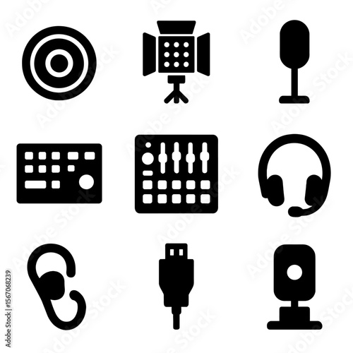Broadcast Equipment Icons. Solid, filled icon set of broadcasting equipment: camera lens, lighting panel, mic stand, video