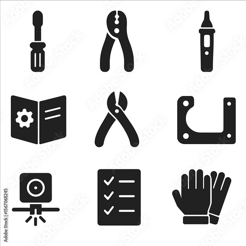Audiovisual Tools Icons. Solid, filled icons set of audiovisual technician tools: screwdriver, wire stripper,