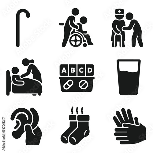 Elderly Care Icons. Solid, filled icons set of elderly patient care: walking cane, wheelchair assistance,
