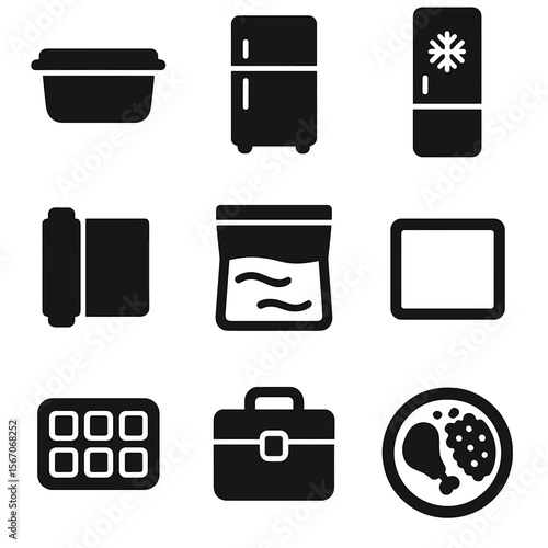 Leftover Storage Icons. Solid, filled icon set of meal leftovers storage: food container, refrigerator, freezer, plastic wrap,