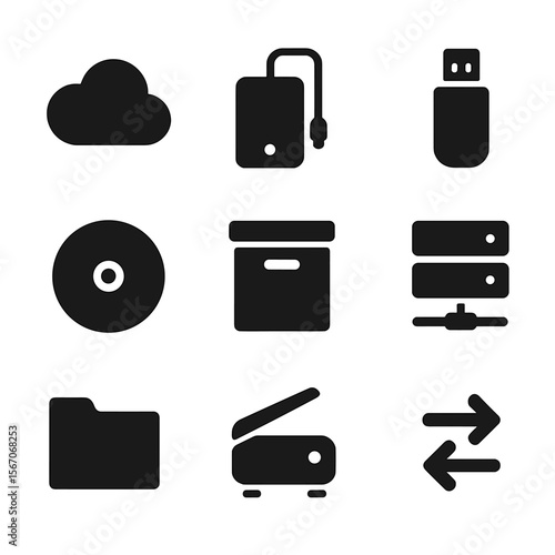 Legacy Storage Icons. Solid, filled icon set of legacy preservation tools: digital cloud, external hard drive, USB flash drive, CD