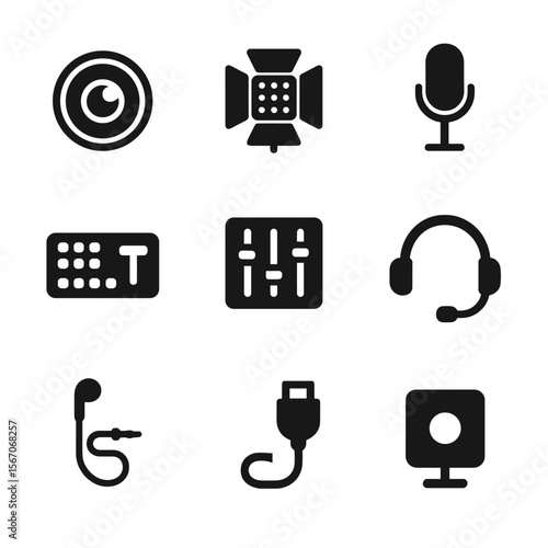 Broadcast Equipment Icons. Solid, filled icon set of broadcasting equipment: camera lens, lighting panel, mic stand, video