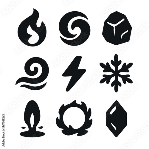 Elemental Incantation Icons. Solid, filled icons set of elemental incantations: fire glyph, water swirl, earth