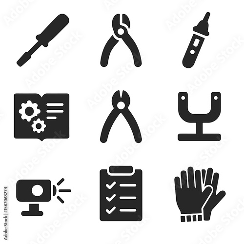 Audiovisual Tools Icons. Solid, filled icons set of audiovisual technician tools: screwdriver, wire stripper,