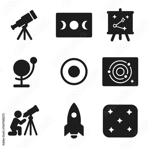 Astronomy Icon Set. Solid, filled icons set of astronomy experiments for students: telescope, moon phases,