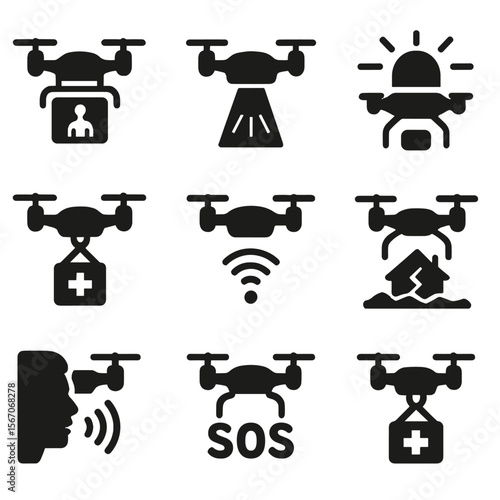 Emergency Drone Icons. Solid, filled icons set of rescue and emergency drones: thermal imaging drone,