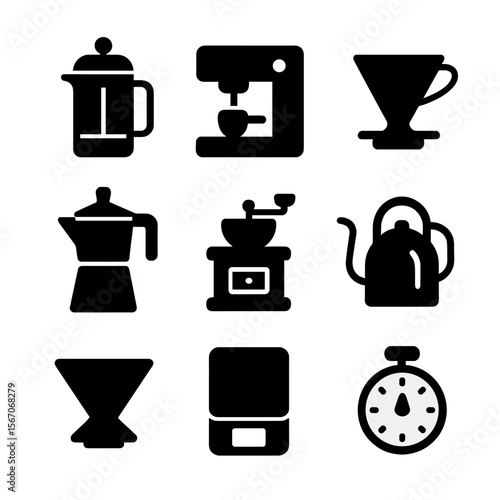 Coffee Brewing Icons. Solid, filled icon set of coffee brewing tools: French press, espresso machine, pour-over dripper, moka pot,