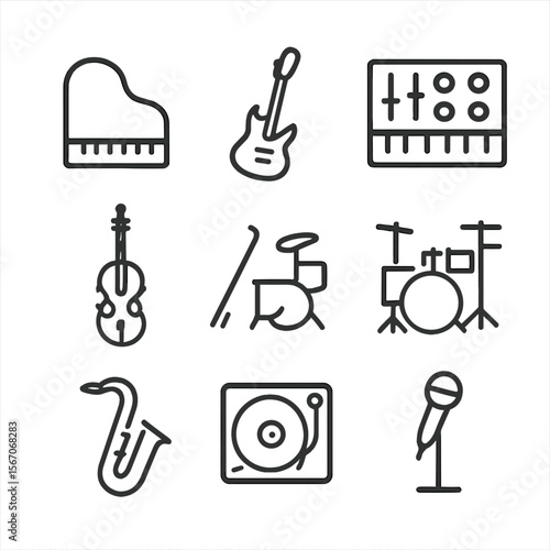 Musical Icons Collection. Outline icon set of iconic musical instruments and innovations: grand piano silhouette, electric guitar