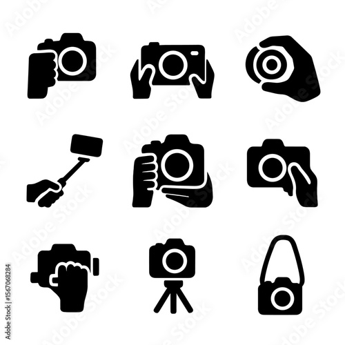 Camera Handling Icons. Solid, filled icon set of camera handling: DSLR grip, compact camera hold, lens adjustment, selfie stick