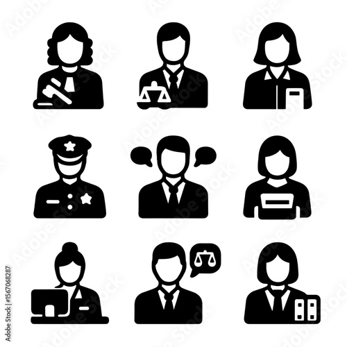 Legal Professions Icons. Solid, filled icon set of legal professions: judge, lawyer, paralegal, bailiff, legal assistant, mediator