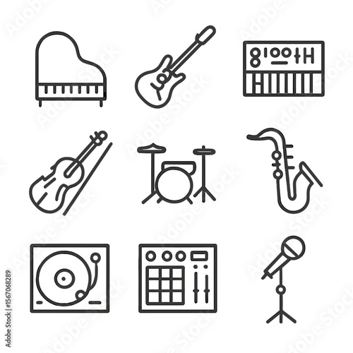 Musical Icons Collection. Outline icon set of iconic musical instruments and innovations: grand piano silhouette, electric guitar