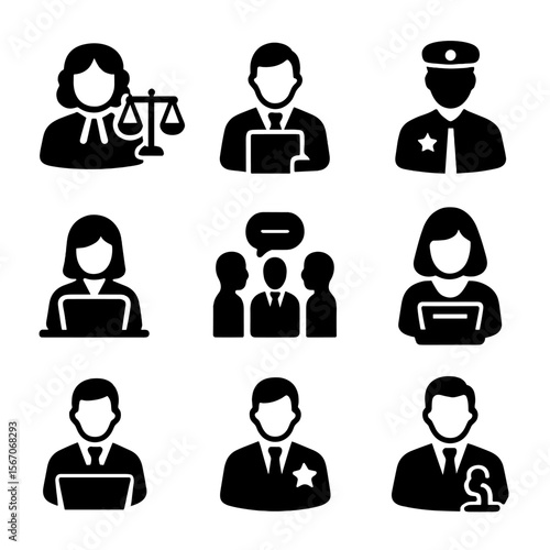 Legal Professions Icons. Solid, filled icon set of legal professions: judge, lawyer, paralegal, bailiff, legal assistant, mediator