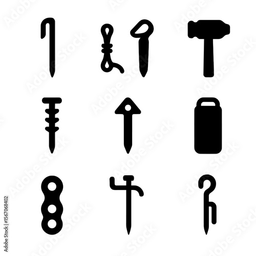 Camping Gear Icons. Solid, filled icon set of camping stakes and gear: tent stake, guy line, mallet, groundsheet peg, tarp stake,
