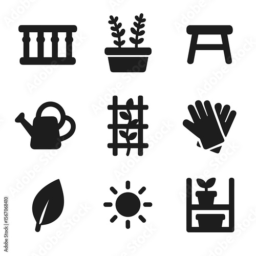 Balcony Gardening Icons. Solid, filled icons set of balcony gardening: balcony railing, potted herbs, garden