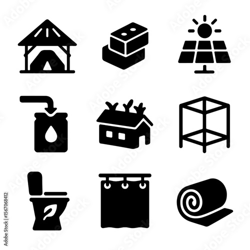 Biodegradable Architecture Icons. Solid, filled icons set of biodegradable architecture in disaster zones:
