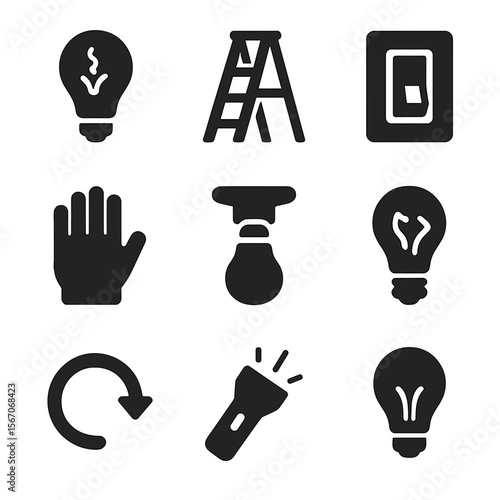 Burnt Bulb Icons. Solid, filled icon set of freshly plowed field elements: furrowed soil, plow blade, tractor wheel, tilled ground