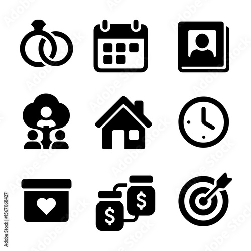 Long-Term Connection Icons. Solid, filled icon set of long-term connection: wedding rings, calendar, photo album, family tree,