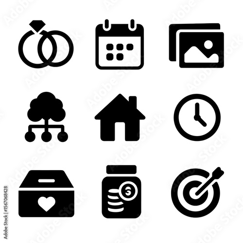 Long-Term Connection Icons. Solid, filled icon set of long-term connection: wedding rings, calendar, photo album, family tree,