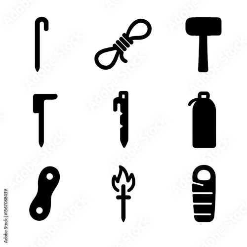 Camping Gear Icons. Solid, filled icon set of camping stakes and gear: tent stake, guy line, mallet, groundsheet peg, tarp stake,