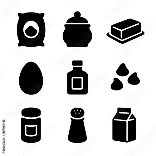 Cookie Ingredients Icons. Solid, filled icon set of ingredients for cookies: flour sack, sugar bowl, butter stick, egg, vanilla