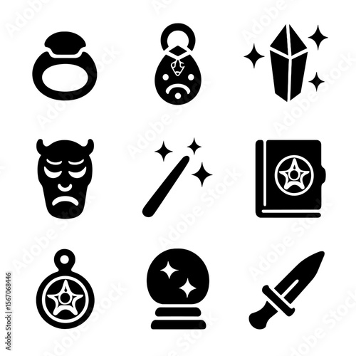 Magical Artifacts Icons. Solid, filled icon set of magical artifacts: enchanted ring, ancient amulet, glowing crystal, cursed mask