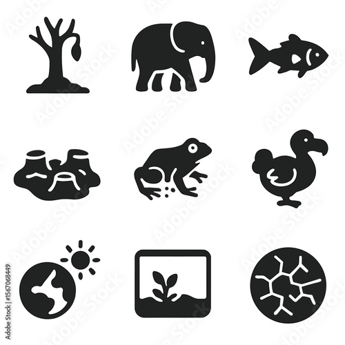 Biodiversity Icons Set. Solid, filled icons set of biodiversity loss: dying tree, endangered species, broken