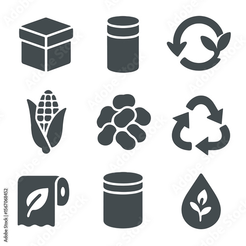 Biodegradable Packaging Icons. Solid, filled icons set of biodegradable packaging: kraft box, paper tube,