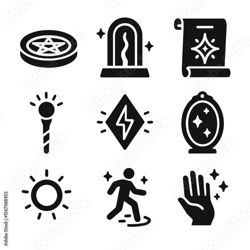 Magical Icon Set. Solid, filled icon set of magical teleportation: magic circle, arcane portal, teleport scroll, wizard staff,