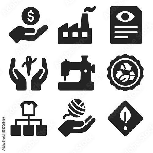 Ethical Clothing Icons. Solid, filled icons set of ethical clothing production: fair wage icon, ethical
