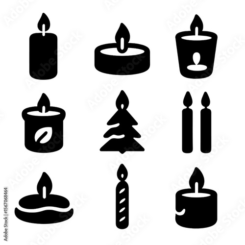 Candle Icons Collection. Solid, filled icon set of types of candles: pillar candle, tea light, votive candle, scented candle,