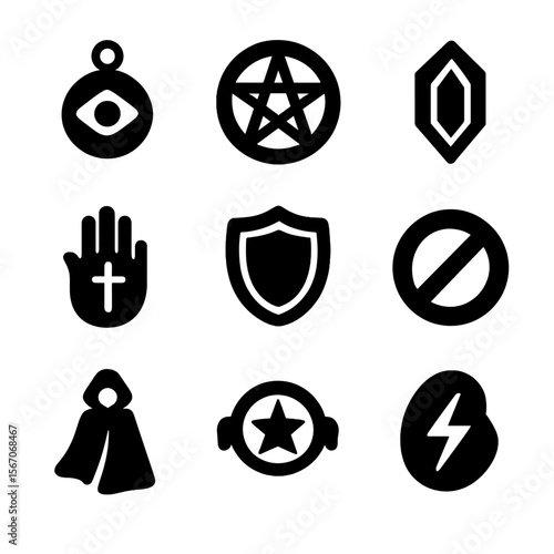 Magical Defense Icons. Solid, filled icon set of magical defense items: protective amulet, warding circle, barrier gem, charm